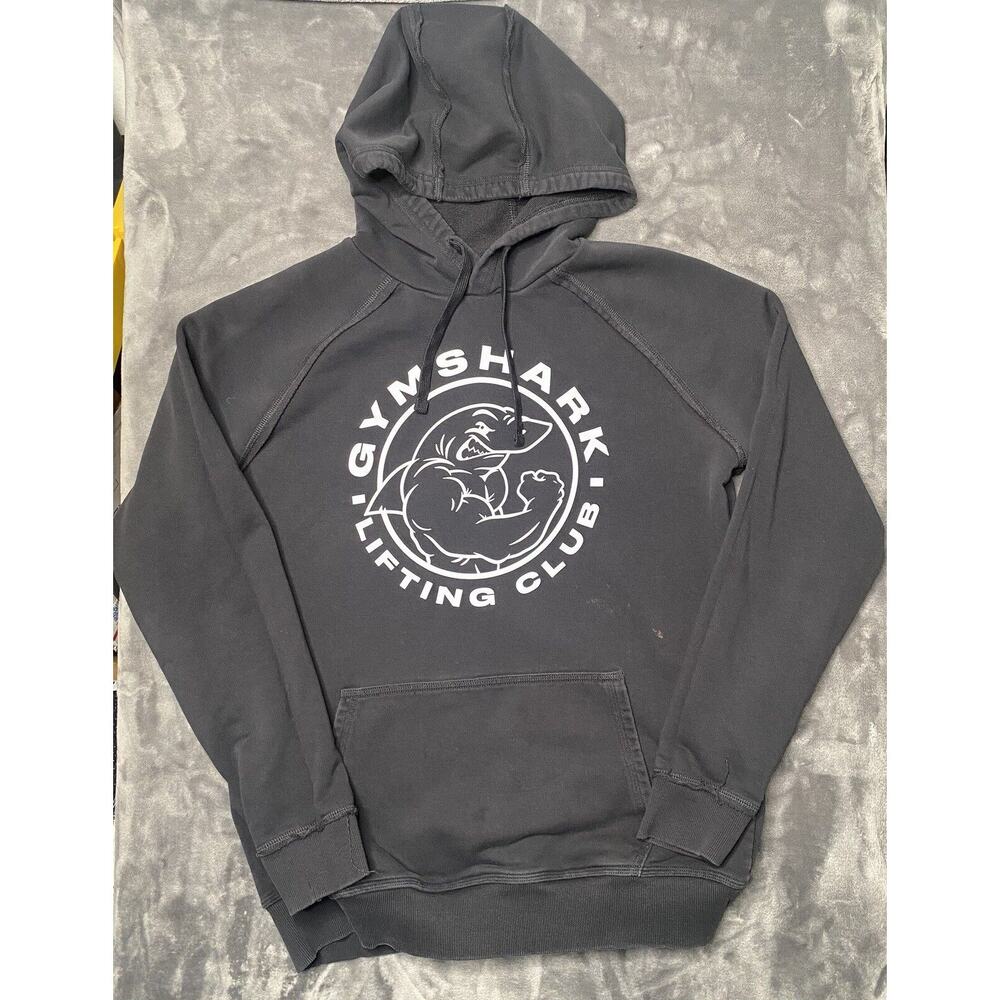 Gymshark Hoodie Men Large Black Shark Logo Gym Weightlifting Pullover Sweatshirt